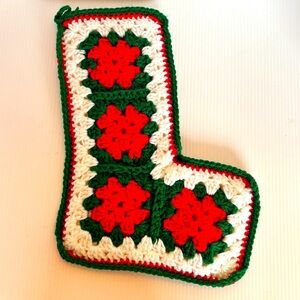 Vintage Crochet Granny Square Christmas Holiday Stocking White Red Green
